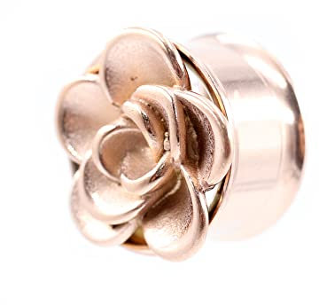 BlackAmazement Flesh Ohr Tunnel Plug Inlay Piercing 316L Edelstahl Rose Blume Flower 06mm - 16mm silber rose gold schwarz Damen Herren (Farbe Rosegold- Ø 16mm - 1 Stück)