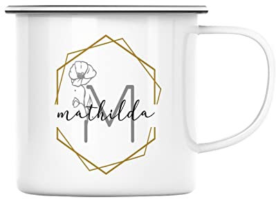 Tazza in metallo smaltato con nome o testo + iniziale, personalizzabile moderno, elegante e geometrico, celebrazione, compleanno, minimalista