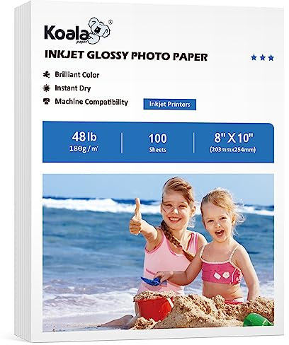 Koala Fotopapier für Tintenstrahldrucker, glänzend, 20,3 x 25,4 cm, 21,8 kg, 100 Blatt, professionelles glänzendes Fotopapier, kompatibel mit Tintenstrahldruckern, Farbstofftinte, 180 g/m²