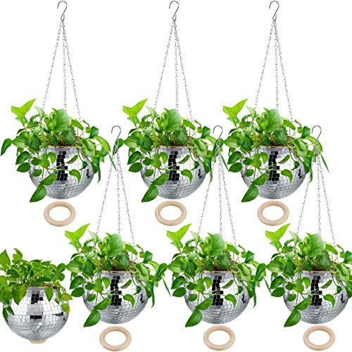 Remerry 6 Pcs 8 Inch Disco Ball Planter Mirror Ball Boho Hanging Planter Flower Pots Vase with Chain and Wooden Rings for Indoor Outdoor Plants Succulents Cacti Flowers Home Decorations (Silver)