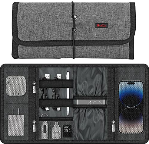 Vinsani Roll Up Accessories Universal Reise Organizer Easy Carry Portable Faltbares Make Up Kabel Ladegerät Kopfhörer USB SD Karte Elektronik Essentials Tragetasche - Grau