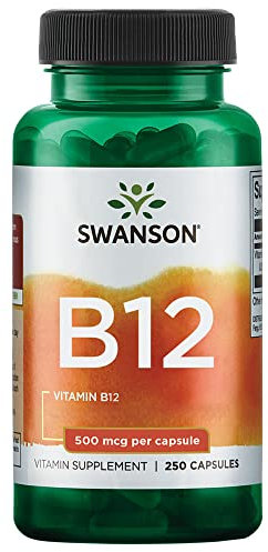 Swanson, Vitamine B12, Cyanocobalamine, 500mcg, 250 Capsules, Hautement Dosé, Sans Soja, Sans Gluten, Sans OGM