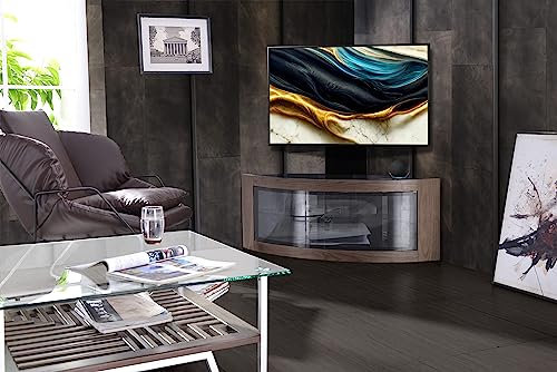 Centurion Supports PANGEA Black/Walnut Beam-Thru Curved True-Corner 32”-50” TV Cabinet with Mounting Arm