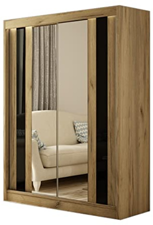 Margaret Hadas24 Kleiderschrank Cosmo 150 cm mit Spiegel, Mehrzweckschrank, Schwebetürenschrank, Garderobenschrank, Kleiderstange, Kleiderständer, Flurschrank, Schrank, 2-türig, braun, lacobel schwarz