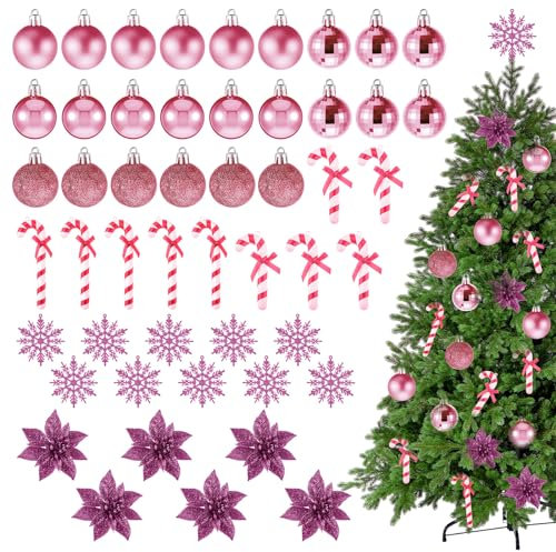 50 Pezzi Addobbi per Albero di Natale Palline di Natale Fiocchi di Neve Glitter Fiori di Natale Artificiali Bastoncini di Zucchero Natalizi Decorazioni da Appendere per Casa (Rosa)