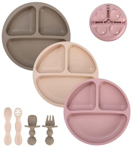 SOBEAU 7 pièces Assiette Ventouse Pour Bébé, assiette enfant avec 3 assiettes plates, 4 fourchettes et cuillères,Pour les tout-petits et l'auto alimentation Sans BPA (beige marron rose)