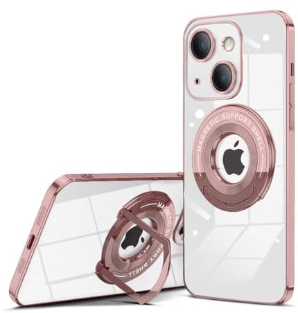 QLTYPRI Magnetic Clear Case for iPhone 15 Case Compatible with MagSafe, Invisible Ring Holder Stand, Camera Lens Full Protection, Slim Silicone Shockproof Phone Case Cover for iPhone 15 – Rose Gold