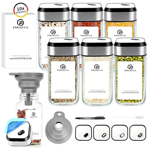 SIAZIH 6 Gewürzstreuer Glas, 120ml Klarglas Borosilikatglas Gewürzdosen Glas, Gewürzgläser Eckig mit Drehbarem Gewürzlochdeckel für Kochanfänger, um Sich mit Grundgewürzen für die Küche Einzudecken