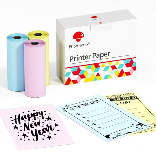 Phomemo Nicht Klebend Thermopapier - 3 Rollen Fotopapier, kompatibel mit T02/Q02/M02-Taschendruckern, 53 mm x 6,5 m, 5 Jahre lang haltbar, geeignet für Notizen und To-Do-Listen, rosa, blau und gelb