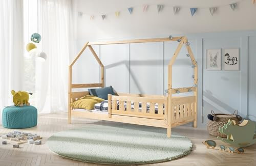 KEF NINA Kinderbett 80x200 cm - Hausbett für Schlafzimmer - Bodenbett aus Holz mit Lattenrost - Babybett mit Matratze - Floor Bed - Jugendbett und Mädchenbett für Kinderzimmer - Kiefer