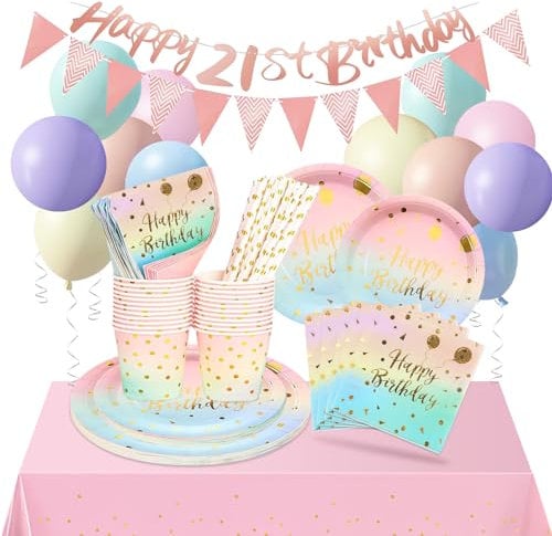 Pastel Party Paper Plates Cups and Napkins Set, Birthday Party Decorations with Balloon Cups Straws Napkins Paper Plates, Rainbow Tableware for Birthday Decorations Baby Shower Girl