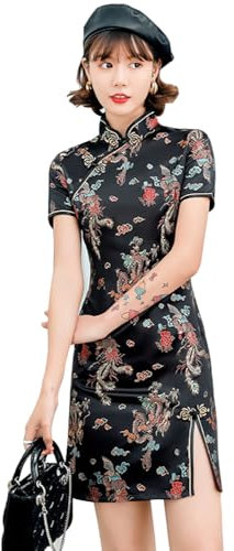 Women's Cheongsam Dress Bodycon Mandarin Collar Short Sleeve Slim Fit Side Slit Floral Print Dragon Mini Qipao (UK, Numeric, 8, Regular, Regular, Black Dragon)