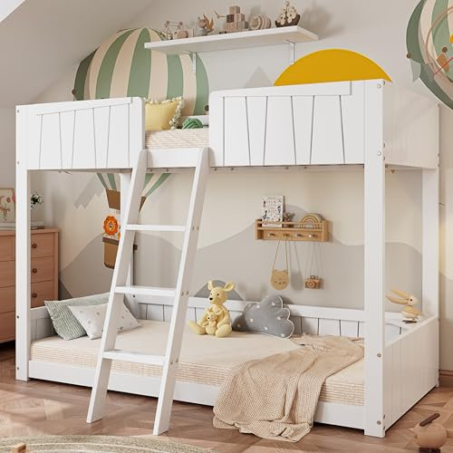 Moimhear Etagenbett, Kinderbett mit 3-Stufen-Leiter, Stabiler Lattenrost, offene Regale, Sicherheitszaun-Design, Kinderbett mit Holzlatten, Kiefernholzrahmen, Kiefer + MDF, weiß, 90x200 cm