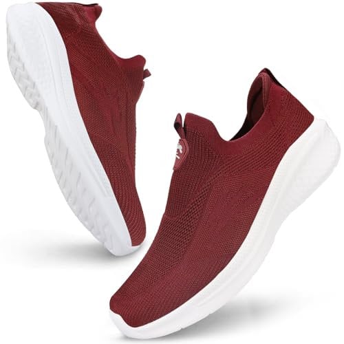 Giniros Schuhe Herren Laufschuhe Slip On Sneaker Leichte Atmungsaktiv Sportschuhe Bequem Turnschuhe für Outdoor Fitness Straßenlaufschuhe Walkingschuhe, Rot 42EU