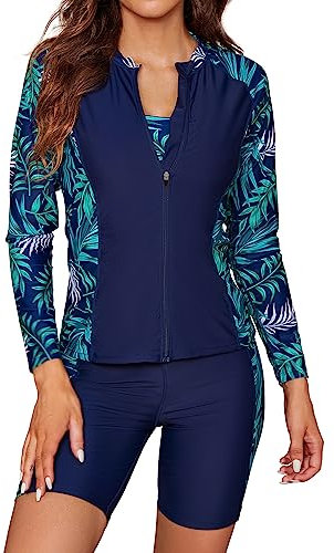 SHEKINI Women's 3 Pieces Long Sleeve Rush Guard Zip Front Athletic Swimsuit Sports Bra with Boyshort Bottoms Tankini Swimwear, Navy Blue+Print, X-Small