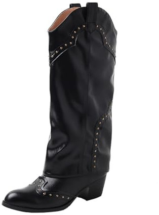 XINXINIO Stivali lunghi in vera pelle da donna Stivali alti al ginocchio con rivetto, Nero Freddo Foderato, 35 EU