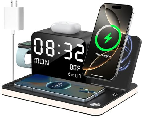 Station de charge, chargeur sans fil double 7 en 1 avec horloge, station de chargement de chevet avec lumière, adaptateur 33 W, synchronisation temporelle, chargeur rapide pour iPhone 17 16 15 14 13