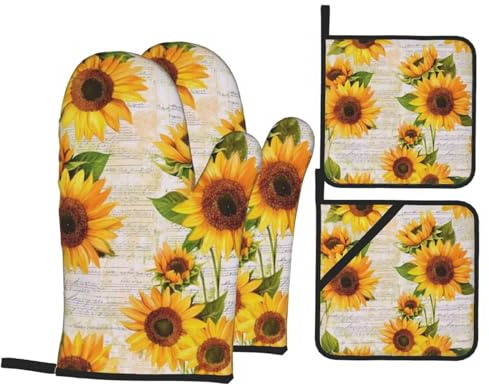 4 guanti da forno retrò con girasole e presine, guanti da cucina con presine, guanti antiscivolo ad alta resistenza al calore a 500 gradi per barbecue, griglia, cottura, forno, microonde