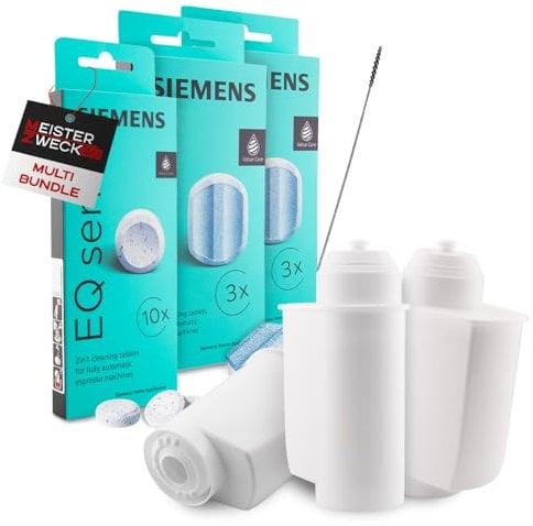 MEISTERZWECK4U Pflegeset Kaffeevollautomaten - 3x Wasserfilter, 2x Entkalkungstabletten, 1x Reinigungstabletten, Reinigungsbürste - Reinigungsset kompatibel mit Siemens, EQ Series, Supresso, Bosch