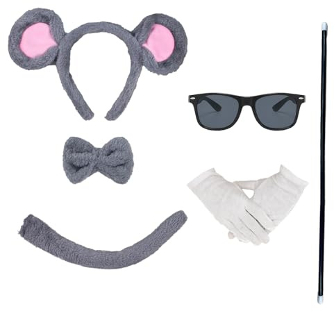 Nereds 6pcs Halloween Mouse Costume Accessories Blind Mice Headband Bow Tie Tail Sunglasses Blind Cane Gloves for Halloween Theme Party Supplies