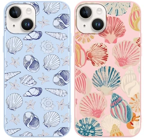 Foonary 2 Pack Pink Blue Sea Shell Print Phone Case for iPhone 14 Plus 6.7, with Aesthetics Pattern Design Soft TPU Silicone Cases,Shockproof Bumper Protector Cover,Girls Women for iPhone 14 Plus