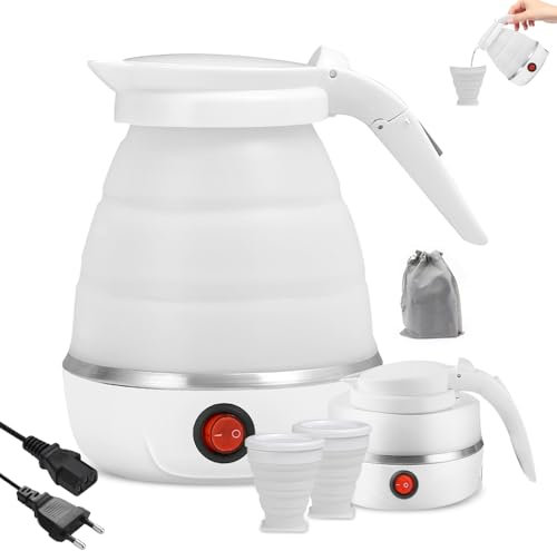 Hervidor de Agua Plegable, 600 ML Hervidor de Agua Portatil de Silicona con 2 Vasos Plegables, Base de Acero Inoxidablecalentador de Agua Portatil para Viajes, Exterior, Camping (Blanco)