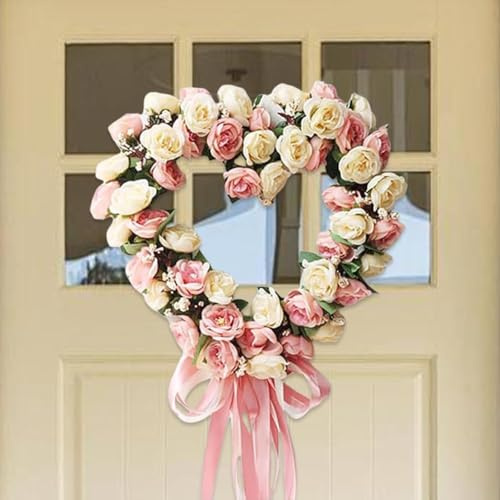 JOYWU Heart Shaped Rose Wreath,35cm Valentine’s Day Floral Wreaths with Ribbons,Artificial Rose Flowers Wreaths,Heart-Shaped Wreath for Front Door,Valentine’s Day Wedding Decoration (Pink)