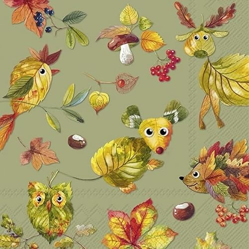 20 Servietten Herbst Tiere aus Herbstblattmotiven als Tischdeko. Papierservietten mit Motiv. Auch für Decoupage und Serviettentechnik 33x33cm