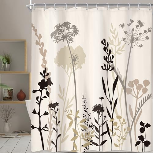 Omifly Rideau de douche beige à motif floral de 183 x 198 cm de long, style rustique vintage bohème, silhouette de plantes taupe, marron, pour salle de bain avec 12 crochets en plastique, imperméable