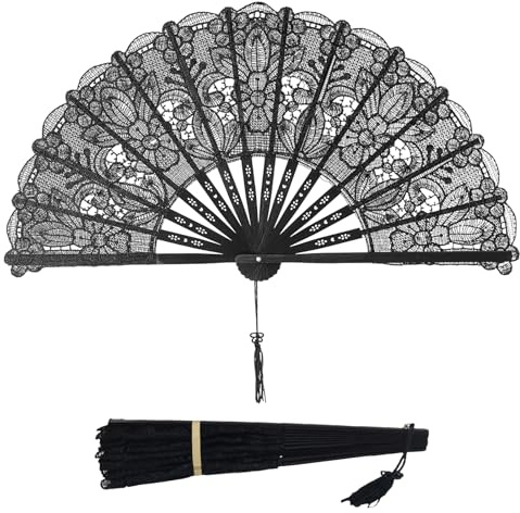 Krmoau Éventail en Dentelle Noire, Éventail Pliant Chinois à Main pour Halloween, Accessoires De Costume Cosplay Et Fête pour Halloween pour Femmes Jeunes Filles Petites-Filles Amis Et Famille