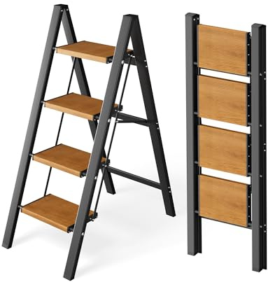 Attestierer Scala Pieghevole A 4 Gradini, Sgabello Scala In Alluminio | Capacità Di Carico 150 Kg, Scala Con Piedi Antiscivolo & Gradini Largi, Uso Interno & Esterno,Effetto Legno, Nero