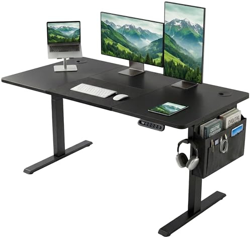 Blisswood Electric Standing Desk Height Adjustable 140 × 60cm, Sit Stand Up Computer Desk with Memory Smart Panel, Splice Board PC Gaming Metal Frame with Storage Pocket, Home Office Furniture_Black