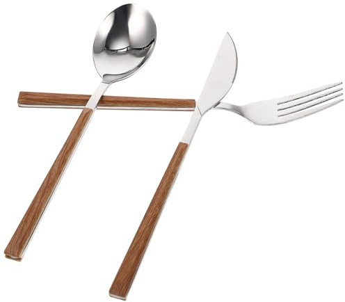 GARVALON Couverts Camping 3 Pièces Acier Inoxydable Manche Imitation Bois, Kit Vaisselle Maison et Voyage, Fourchette à Steak et Cuillère Réutilisables, Ustensiles la Cuisine Solide