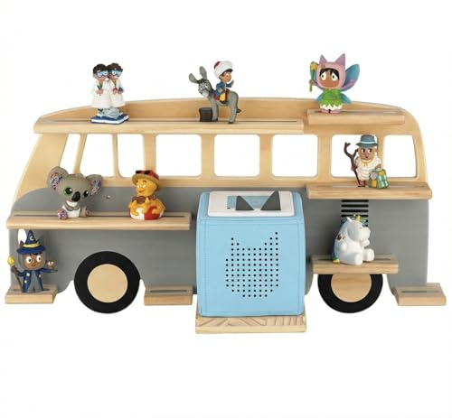 Little Goldie® Tonie Regal - für bis zu 32 Tonie Figuren (magnetisch) - Bus Motiv für Jungen und Mädchen - freistehend o. hängend - für Toniebox 1 und 2 (grau)