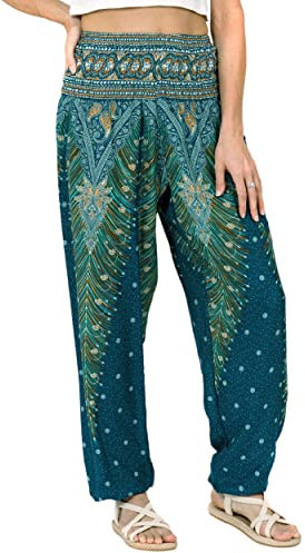 Lofbaz Damen Haremshose Yogahose Pumphose Hippie Hose Boho Kleidung Festival Outfit Sommerhose Leicht Sommer Hosen - Peacock 1 Teal Grün 4XL Große Größen