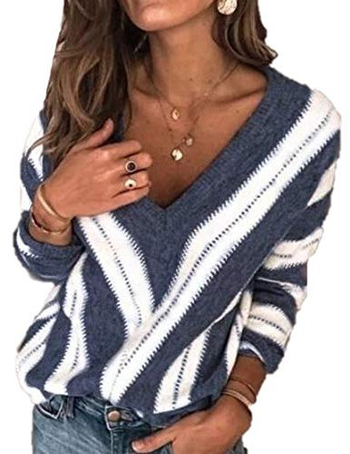 keepmore Maglioni Pullover Maglioni da Donna con Scollo a V a Righe con Scollo a V da Donna