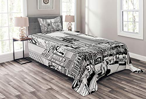 ABAKUHAUS NYC Tagesdecke Set, Straße von New York Urban Sketch, Set mit Kissenbezügen Waschbar, für Einzelbetten 170 x 220 cm, Grau Weiß