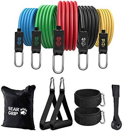Bear Grip – 11-teiliges Widerstandsbänder-Set, Heimtrainings-Set, Übungsbänder mit Griffen, Türanker und Tasche