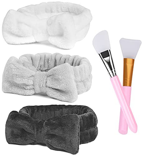URAQT Haarband Kosmetik, 3 Stück Make up Headband mit 2 Stücke Silikonpinsel, Elastic Spa Abschmink Haarbänder Damen, Stirnband Kosmetik Zum Waschen Gesicht Für Yoga Sport Hautpflege