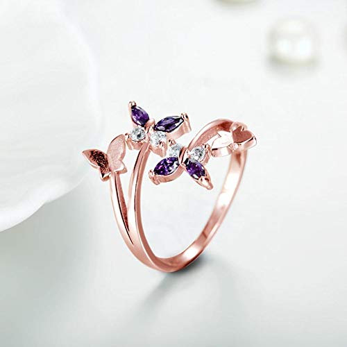 DJMJHG Silber 925 Schmuck Ring Koreanischer Stil Amethyst Edelstein Blumenform Öffnung Verstellbarer Ring Für Frauen Top Qualtiy Roségold Farbe