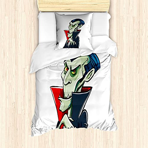 ABAKUHAUS Halloween Bettbezug Set für Einzelbetten, Vampir Dracula-Karikatur, Milbensicher Allergiker geeignet mit Kissenbezug, 135 cm x 200 cm - 80 x 80 cm, weiß Multicolor