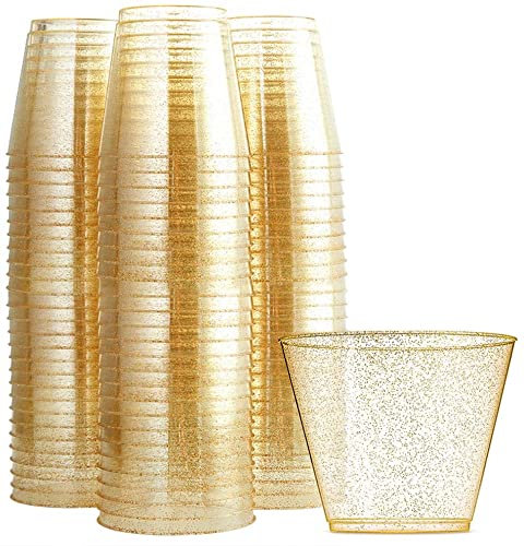 KAHEIGN Lot de 60 gobelets à dessert en plastique avec paillettes dorées, 270 ml, bols à dessert, ronds, transparents, réutilisables, pour whisky, pudding, mousse Party (7 x 8,5 cm)