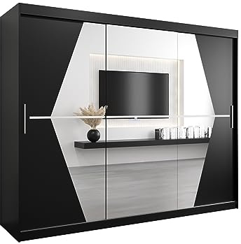 E- MEUBLES Armoire de Chambre avec 3 Portes coulissantes et Miroir Style Contemporain Penderie (Tringle) avec étagères (LxHxP): 250cmx200cmx62cm BOLA (Noir)