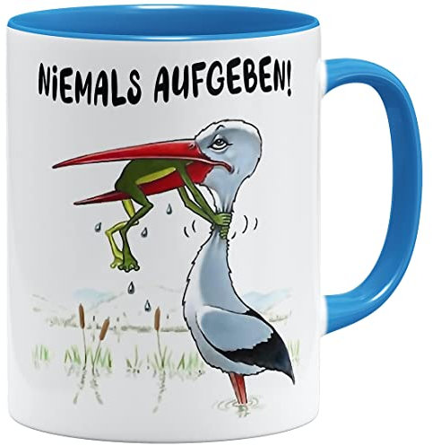 OM3® Niemals aufgeben Kaffee-Tasse mit Spruch - Motivationstasse - Motivation - Keramik Becher - 325ml - Beidseitig Bedruckt - Hellblau