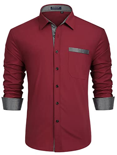 Enlision Chemise Homme Vin Rouge Mariage Manches Longues Regular Fit Chemises Casual Business Formelle Chemise Contrastée avec Poche 4XL