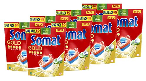 Somat Pastillas doradas para lavavajillas (8 x 80 pestañas), pastillas para platos brillantes y limpios incluso a bajas temperaturas, fuerza extra contra quemaduras