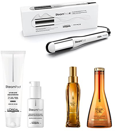 L'Oréal Professionnel Steampod 4.0 Fer Lisser Lisseur + Lait Cheveux Fins 150 ml + Serum de lissage 50 ml + Shampooing Fins 250 ml + huile