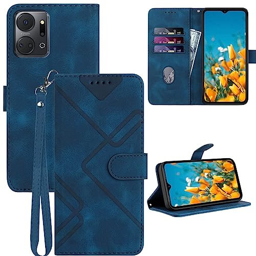 GOTOURED for Honor X7a Phone Case Wallet, Card Holder Leather, Wrist Strap, Magnetic Closure, Kickstand, Shockproof Protective Pattern Flip Cover (Blue)