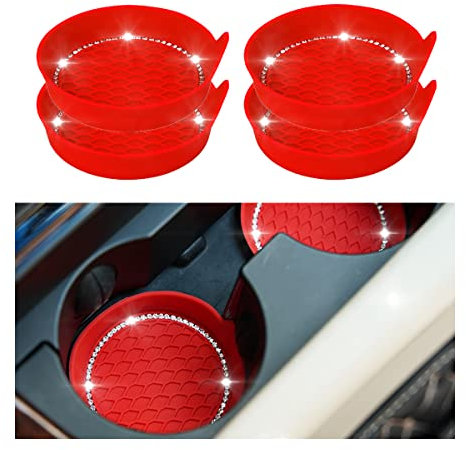 CGEAMDY Car Cup Holder Coaster, Universal Auto Cup Holder Insert, Anti-Slip Cat Coaster, Rhinestone automotive Accessories, Glitter Car Coasters Bling Car Cup Mats for Cars, Trucks(Red)