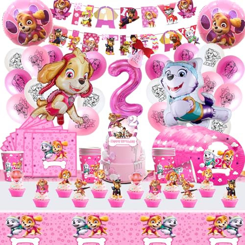 Paw Geburtstag Deko Set - Folienballon, Hund Tischdecke, Teller, Tortendeko, Kuchen Deko für Kinder 2 Jahre, Mädchen
